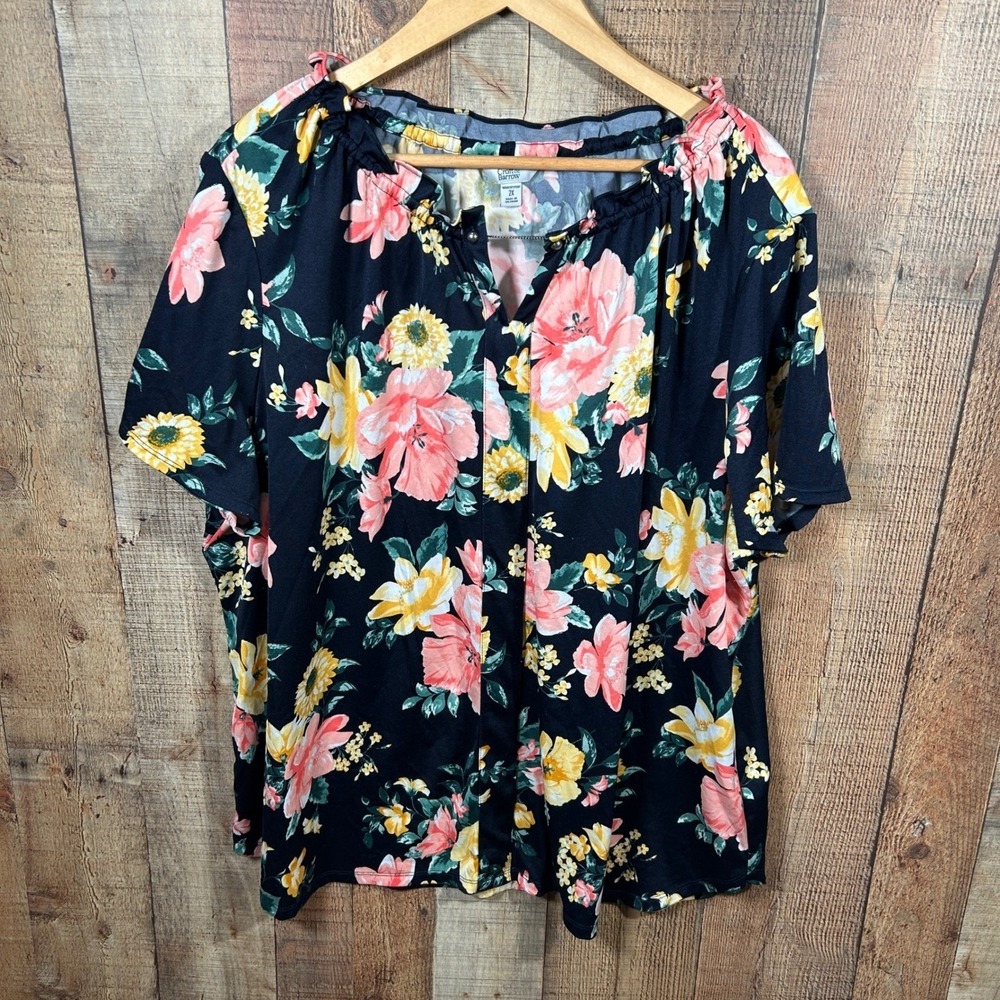 Croft & Barrow 2X Floral Short Sleeve Blouse Navy Blue Pink Vibrant Plus Garden